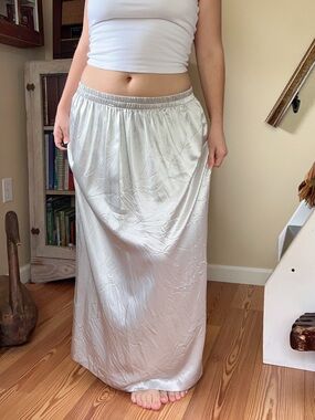 Vintage Silver Silky Satin Maxi Skirt Flowy Size 2X